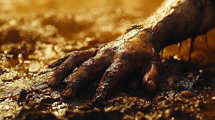 A muddy hand reaching out from the ground.