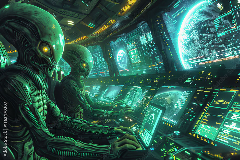 Poster two aliens are sitting in front of computer monitors