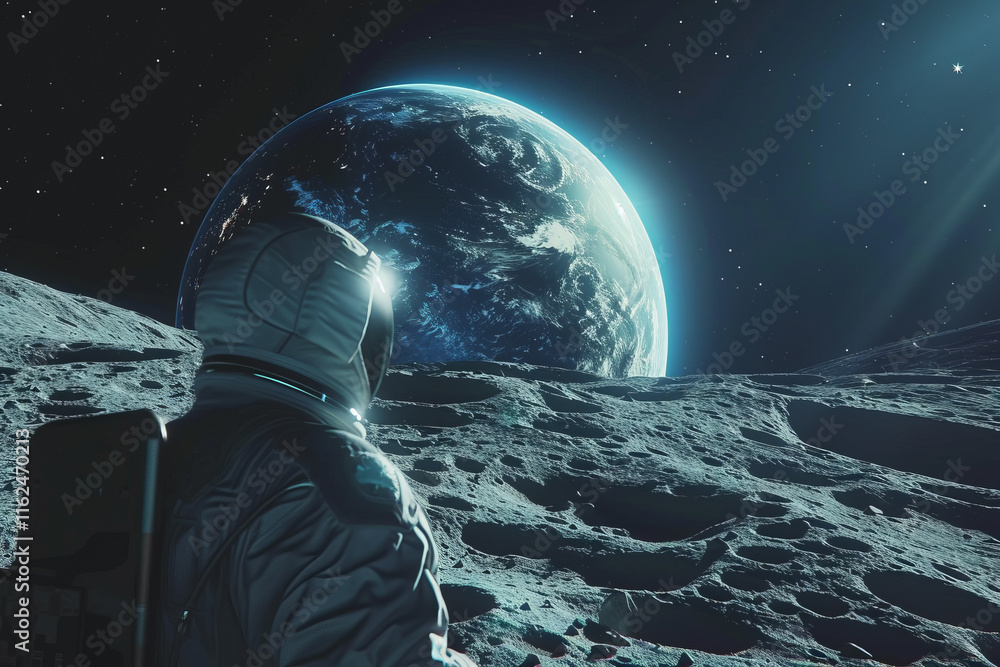 Poster a man in a spacesuit is standing on a planet