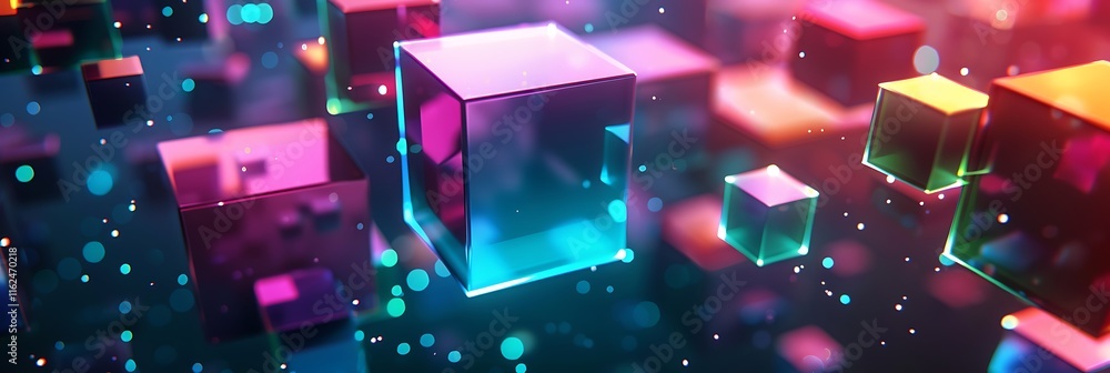 Poster colorful, translucent cubes float in a dark space with glowing particles. suggests themes of digital