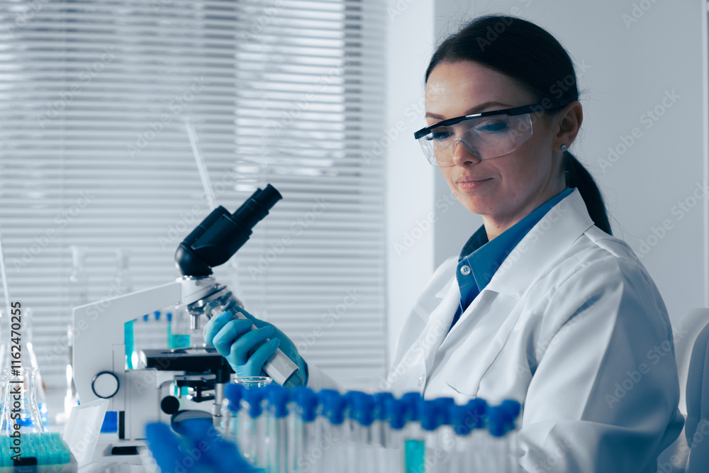 Poster in a cuttingedge lab, a dedicated female scientist analyzes samples under a microscope, making signi