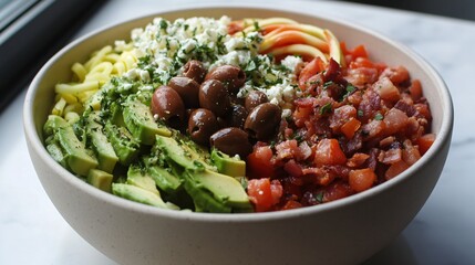 Colorful Healthy Pasta Bowl with Avocado, Tomatoes, Olives, and Cheese Ingredients