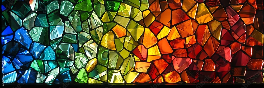 Poster a vibrant array of fragmented shapes creates a colorful spectrum. resembles stained glass or a mosai