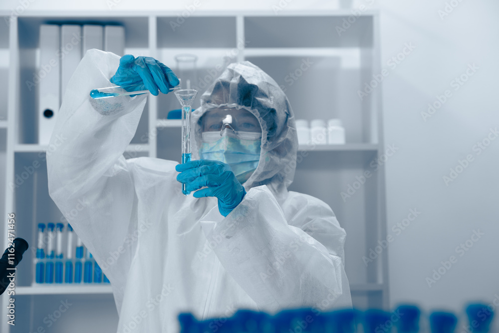 Aufkleber A dedicated scientist is actively conducting a variety of experiments within a controlled laboratory environment, utilizing advanced techniques and equipment to push the boundaries of modern science