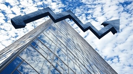 Skyscraper with Arrow Graphic Showing Growth Against Dramatic Cloudy Sky