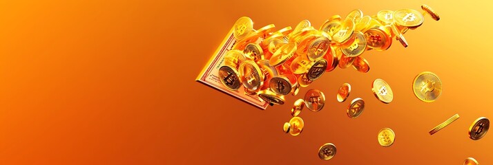 Gold coins appear to burst from a rectangular form against a gradient backdrop. Suggests themes of wealth, finance, and opportunity. Dynamic and visually striking.

