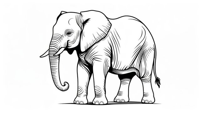 A majestic monochrome illustration of an elephant with detailed line work on a plain background suitable for drawing book