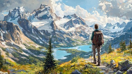 Hiker Admiring Majestic Mountain Lake Landscape