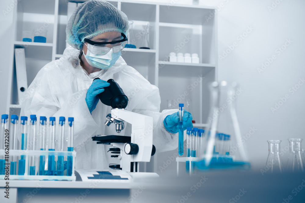 Poster in a contemporary laboratory setting, a researcher is diligently analyzing various samples. this wor