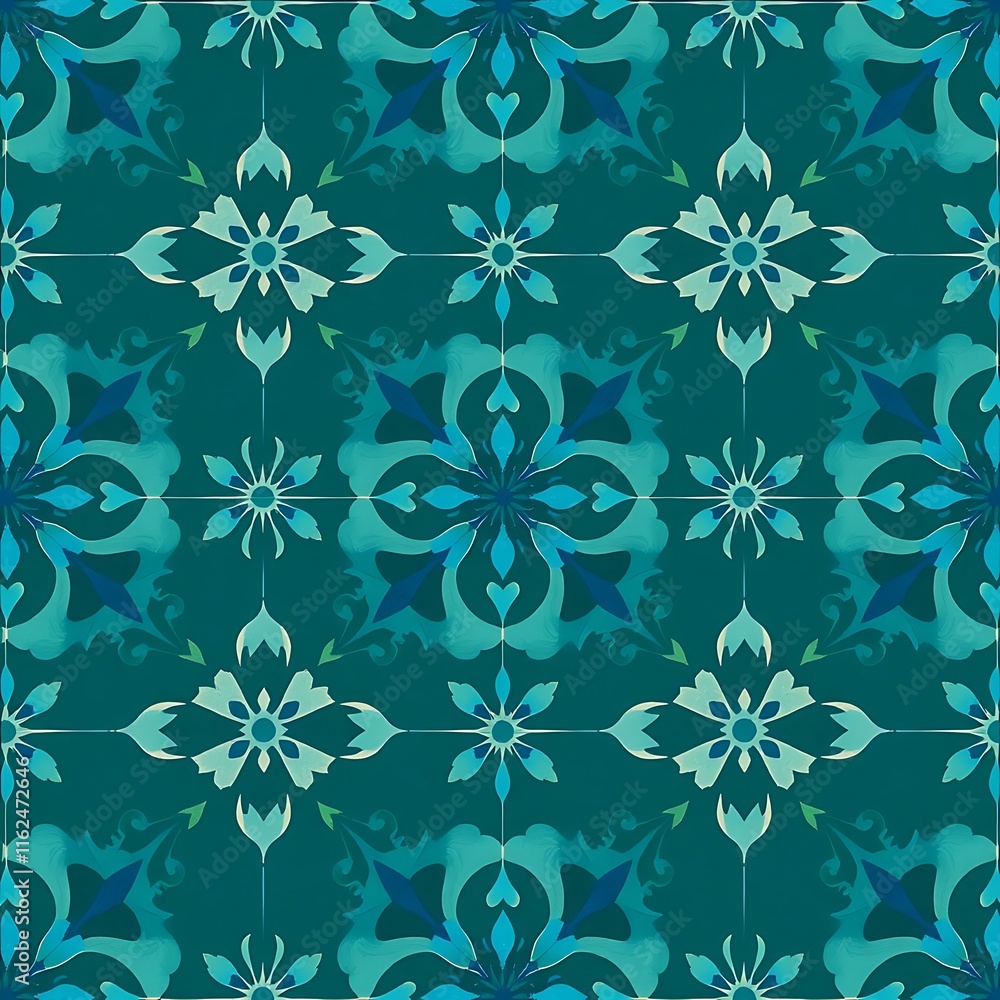 Poster teal tile pattern: a seamless, repeating pattern of intricate teal blue tiles, ideal for wallpaper, 
