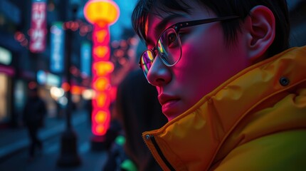 A lively city at dusk features individuals in close-up portraits, showcasing their emotions against a backdrop of bright neon lights and bustling streets