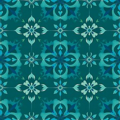 Fototapeta premium Teal Tile Pattern: A seamless, repeating pattern of intricate teal blue tiles, ideal for wallpaper, fabric, or surface design. The repeating pattern features a subtle.
