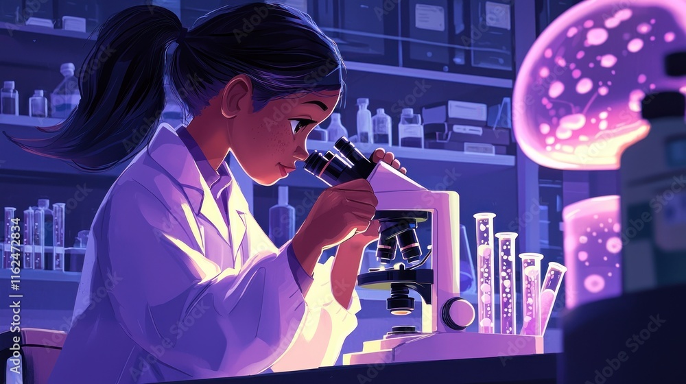 Poster young scientist using microscope in laboratory setting