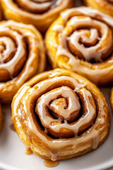 Fototapeta premium Freshly baked glazed cinnamon rolls with pouring homemade caramel topping served on white plate, close up. Delicious dessert pastry background.