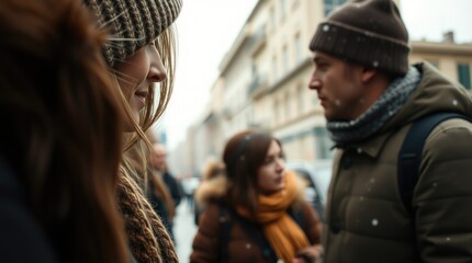 Fototapeta premium In a vibrant urban setting, close-up portraits showcase passers-by engaged in animated discussions, each face reflecting the unique stories of city life