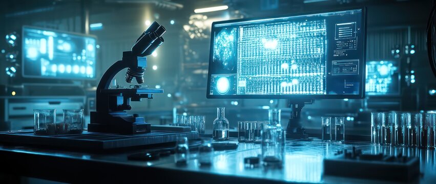 A laboratory scene with a microscope and digital screens displaying scientific data.