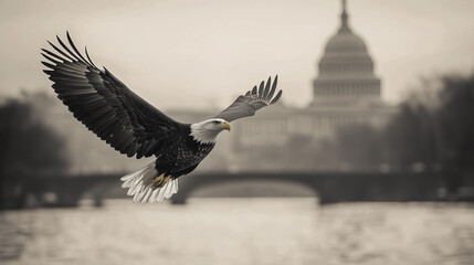 A bald eagle gracefully flies above a river, showcasing its majestic wingspan. In the background, the iconic United States Capitol building stands shrouded in a misty atmosphere, hinting at autumn.