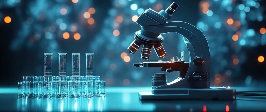 A microscope beside test tubes, highlighting laboratory research and scientific exploration. - Powered by Adobe