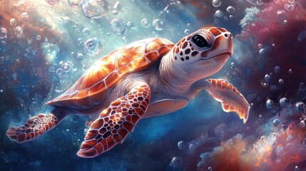 Obraz premium A vibrant underwater scene featuring a turtle swimming amidst colorful bubbles.