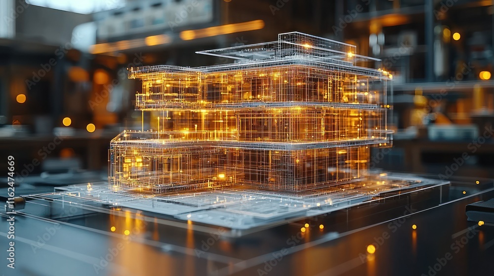 Poster transparent architectural model with glowing elements.