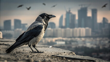 Hooded crow on urban rooftop with city skyline in background.