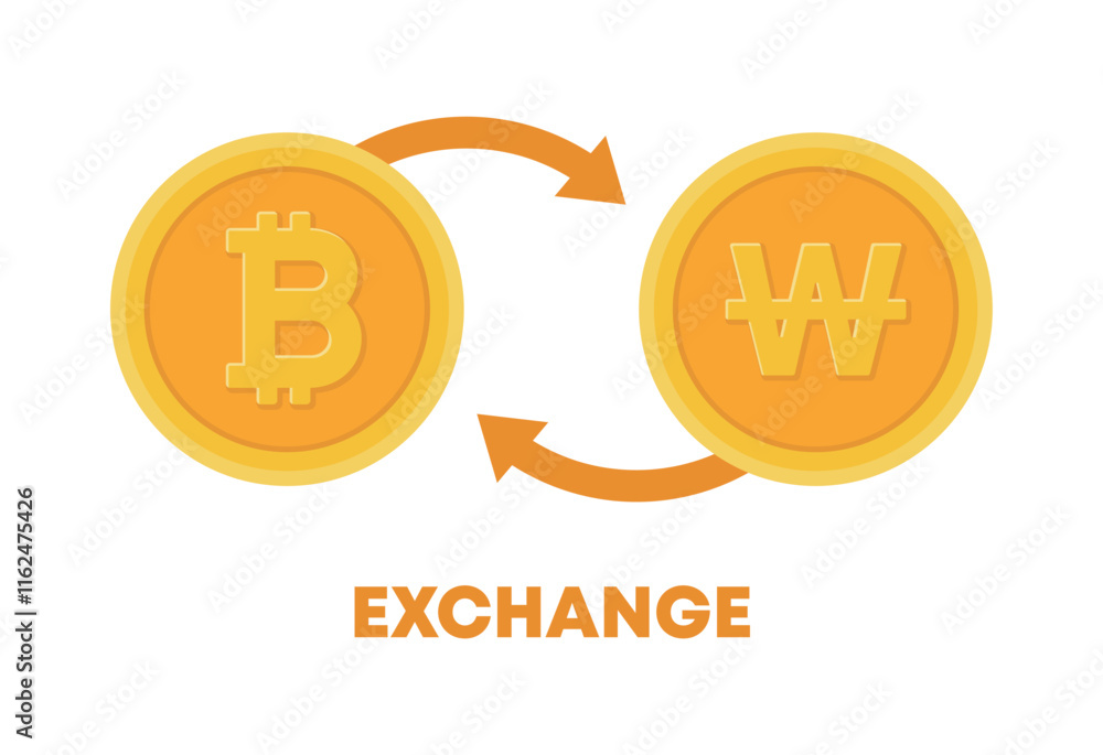Poster illustration of exchanging and converting bitcoin, an online cryptocurrency created using blockchain