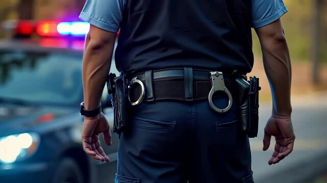 a policeman standing with his back to the camera. He is wearing a uniform, and handcuffs and other police paraphernalia are visible on his belt.