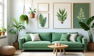 A modern living room with a large green sofa, hanging plants, and framed botanical artwork on the walls