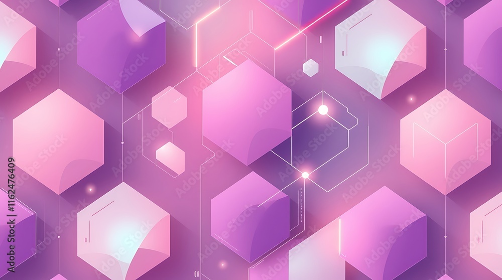 Poster pink hexagon tech pattern: abstract geometric background with glowing pink and purple hexagons, crea