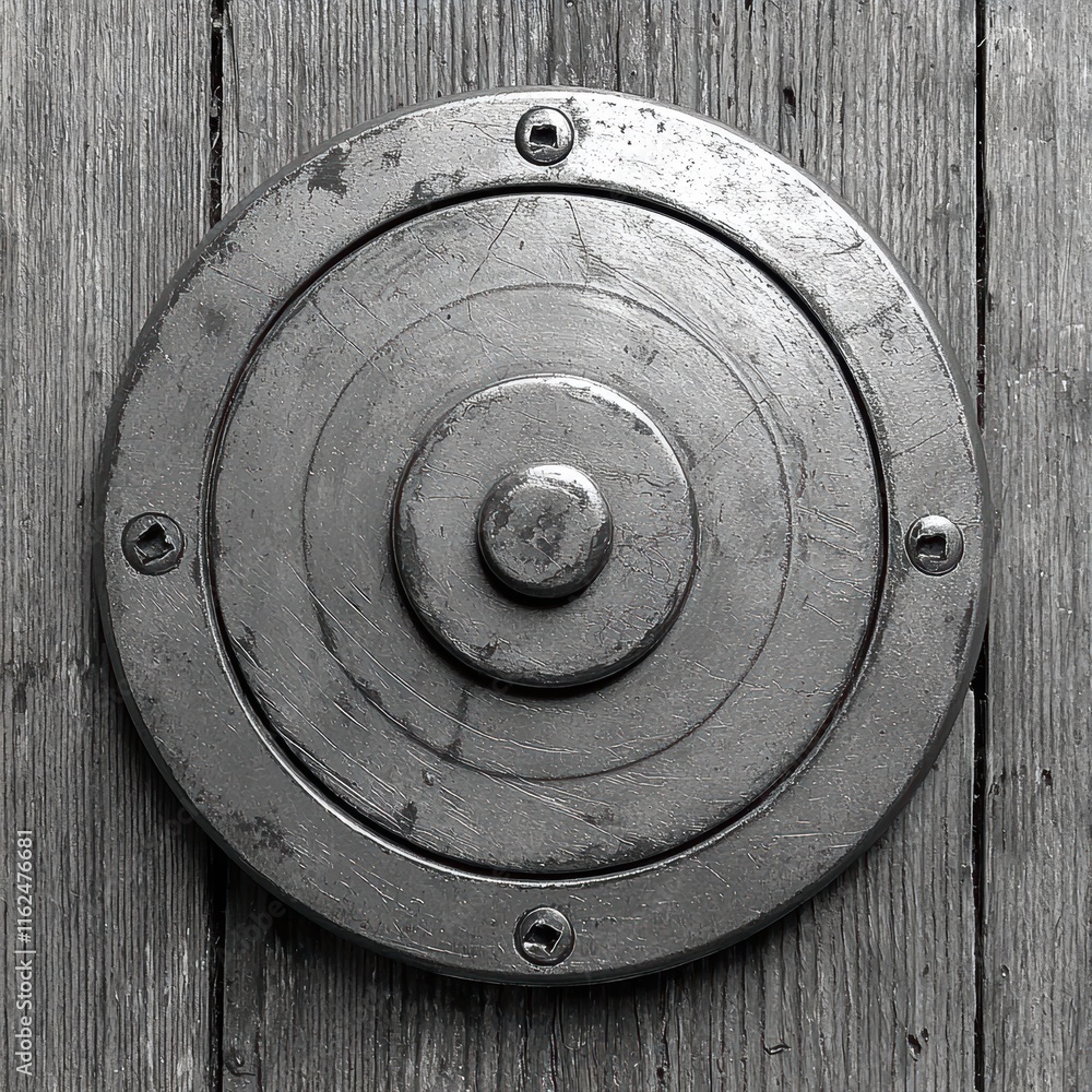 Poster close-up of a textured metallic circular element on wooden surface.