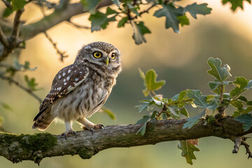 Spotted owl perched on oak branch in serene dusk light.