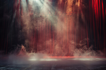 A stage with red curtains and smoke