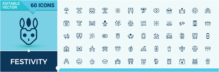 Festival line icons set. Contains related to entertainment, graphic, speaker, festival, party and more. Thin linear style icons.