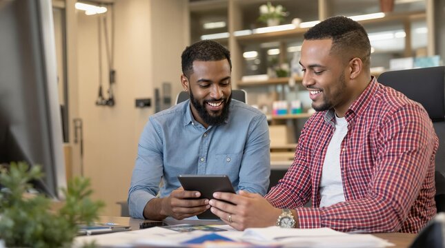 Two men happily discussing a digital project in a modern office setting during the afternoon