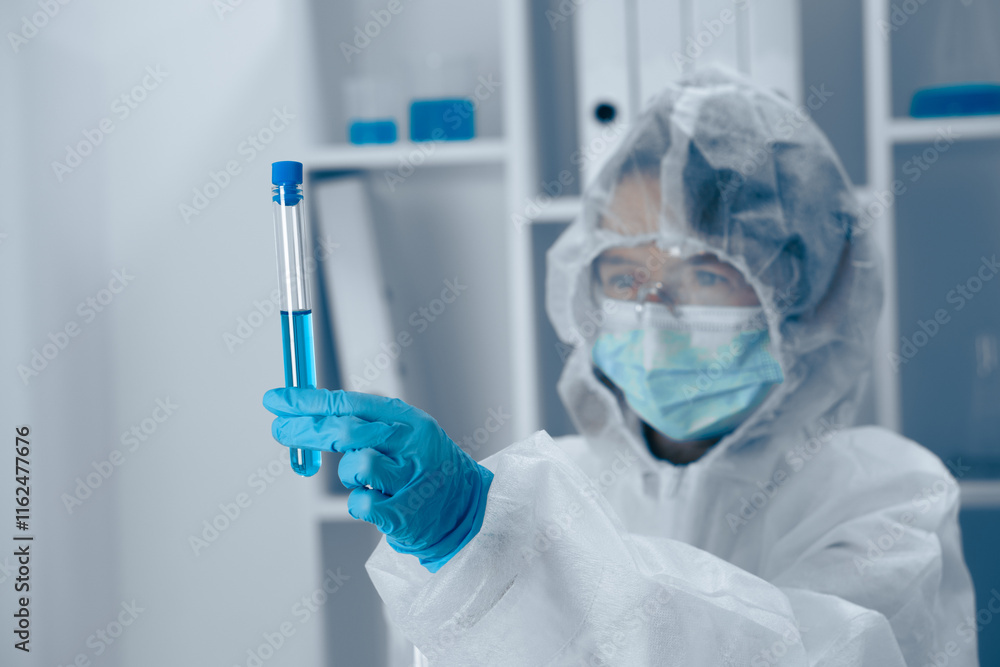 Poster a dedicated scientist analyzes a test tube in a hightech lab, showcasing the complexities of scienti