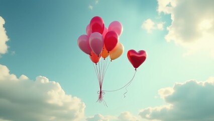 A symbolic anti-Valentine’s Day visual featuring a balloon bouquet floating away, with a popped heart-shaped balloon. Ideal for storytelling about heartbreak and moving on..