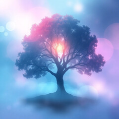 Silhouette of a mystical tree of life floating on an island in ethereal mist with a glowing core and soft pink and blue bokeh lights.