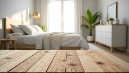 A wooden table in a bedroom with a blurred bed in the background