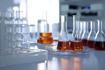 Laboratory setup with glassware containing liquid samples under bright lighting