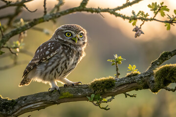Spotted owl perched on a moss-covered branch in serene nature.