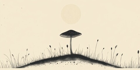 A minimalist nature design with a single mushroom surrounded by fine lines and subtle gradients, conveying elegance and simplicity