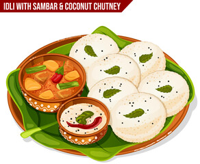 Idli with Sambar & Coconut Chutney Served on Banana Leaf in Mud Thali. Traditional South Indian Breakfast Cuisine