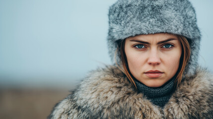 Close-up of a young woman with piercing blue eyes, wearing a fur hat and coat, exuding strength and resilience in winter