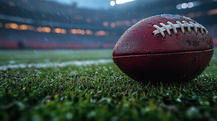 A weathered football is positioned on a grassy field under a rainy sky. The stadium lights create a soft glow, adding ambiance to the evening atmosphere.
