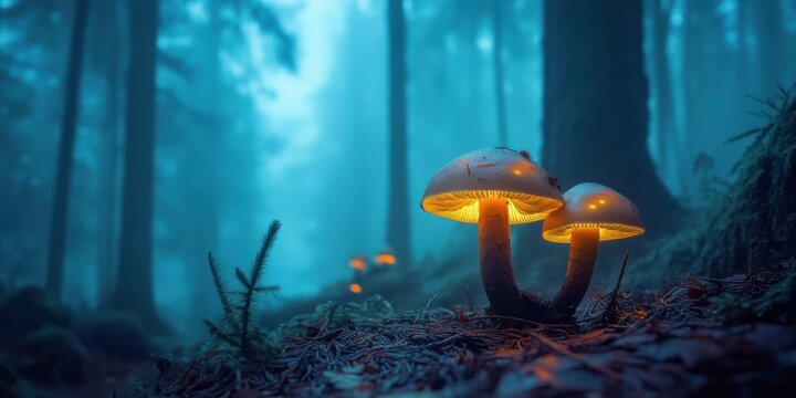 A surreal mushroom landscape with bioluminescent mushrooms glowing softly in a misty forest
