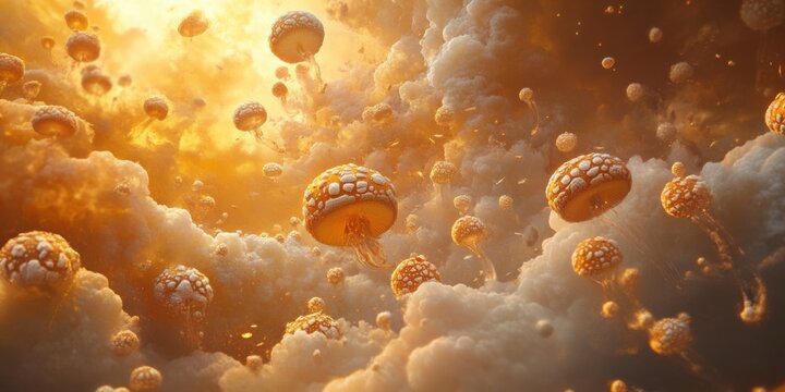 A surreal scene of mushrooms floating in the air, surrounded by clouds and soft light, creating a dreamlike, otherworldly atmosphere