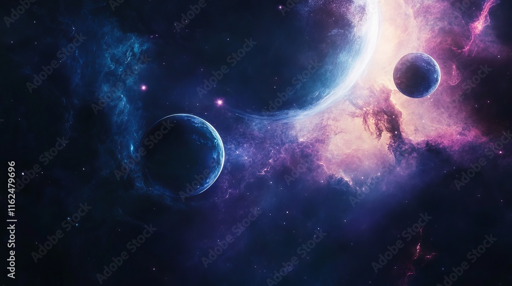 Poster vibrant abstract planets orbiting in a dynamic space background featuring twinkling stars, distant g