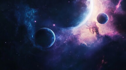 Vibrant abstract planets orbiting in a dynamic space background featuring twinkling stars, distant galaxies, and colorful nebula clouds