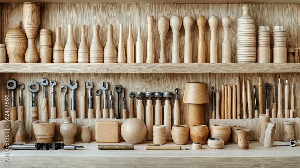 Aufkleber wooden tools and objects arranged on a shelf.