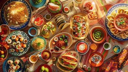 Fototapeta premium Top view of international cuisine: Japanese sushi rolls and sashimi, Italian pasta with parmesan and basil